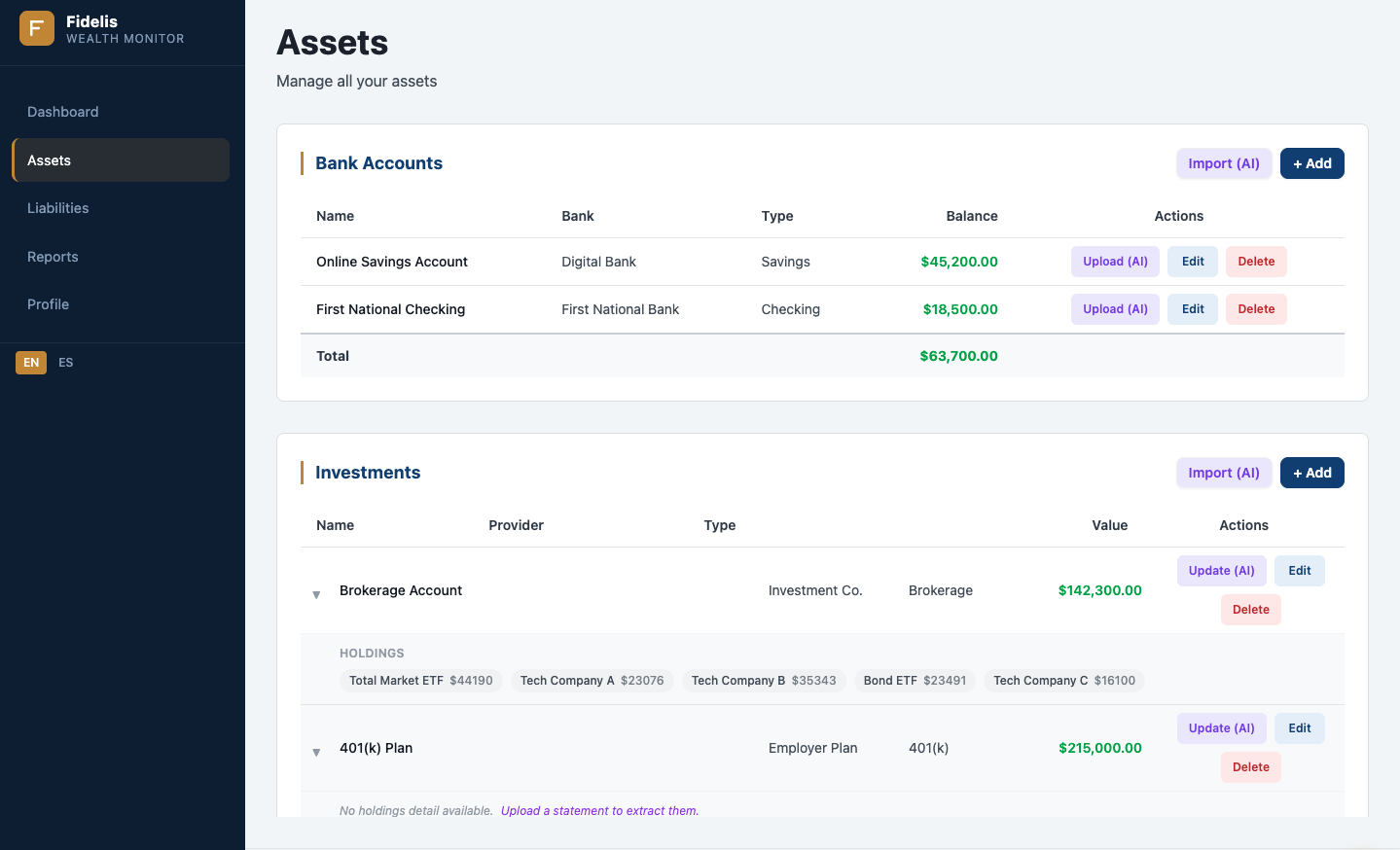Fidelis Wealth assets screen showing accounts, investments, and holdings with fictional demo data
