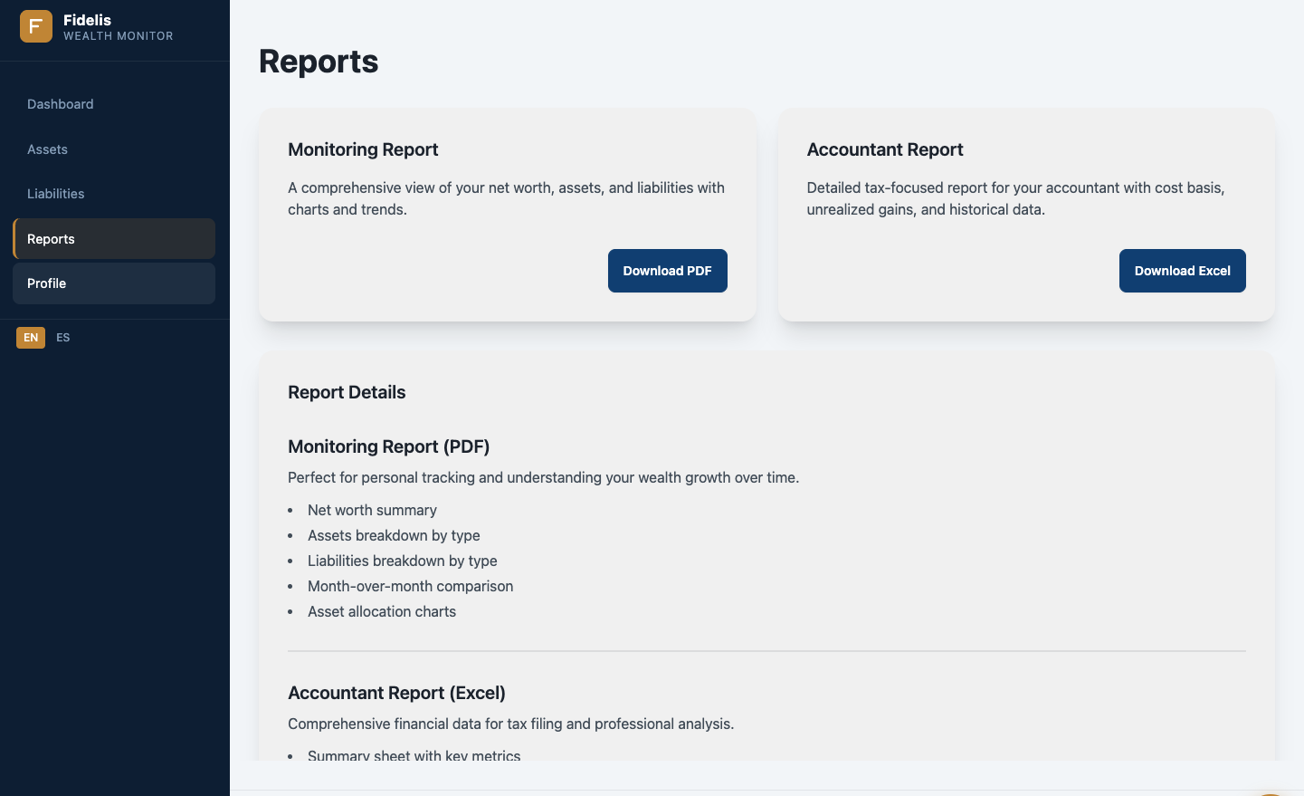 Fidelis Wealth reports screen with monitoring and accountant report options