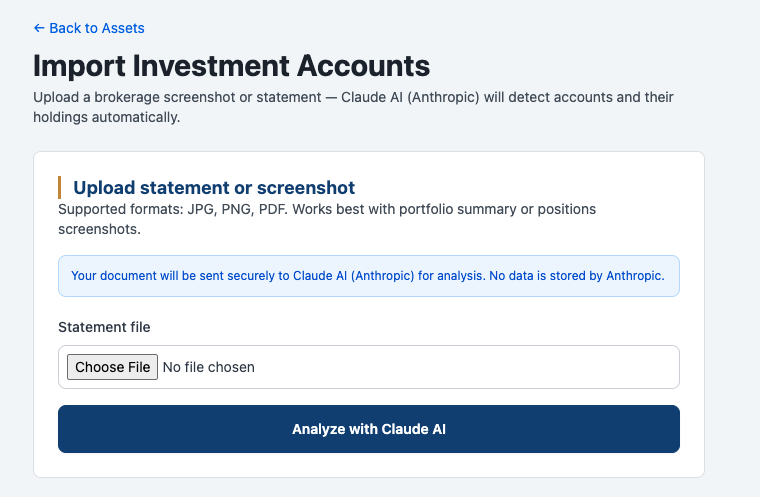 Fidelis Wealth investment statement import screen